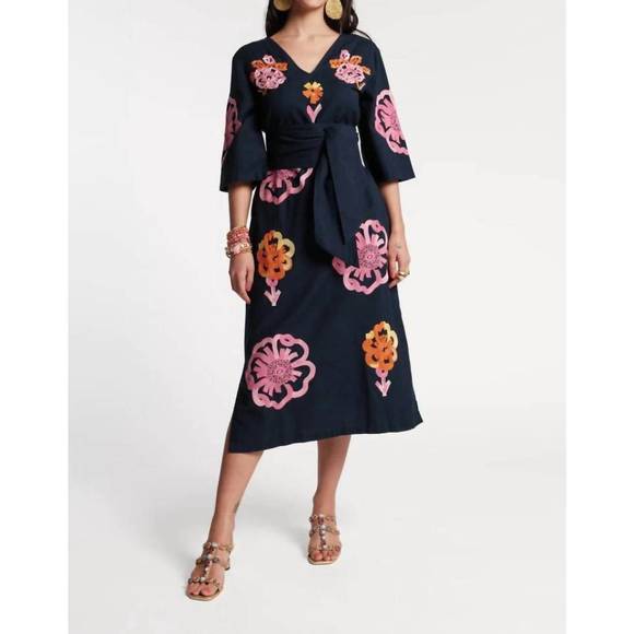 NEW FRANCES VALENTINE emi embroidered dress in graphic gerbera navy pink print - Picture 1 of 5